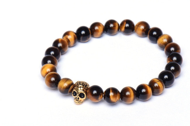 Tiger Eye "Love and War" Gold Skull Bracelet