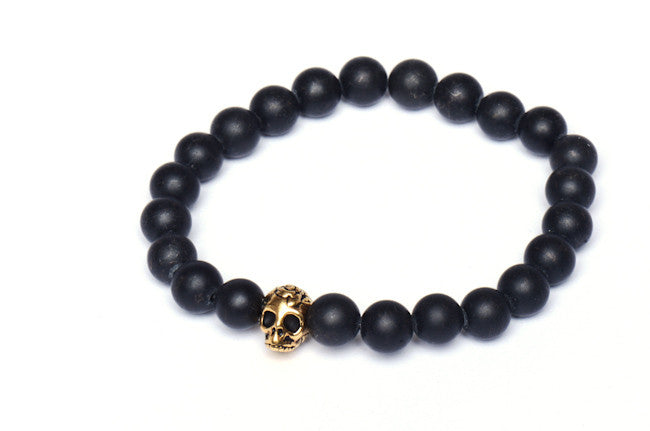 STERLING SILVER & MATTE ONYX GOLD SKULL BEAD BRACELET