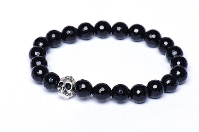 STERLING SILVER & FACETED ONYX SKULL BRACELET