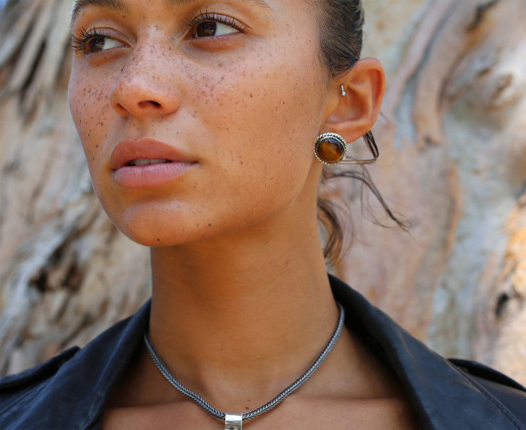 Sterling Silver Cable Tiger Eye Stud Earrings