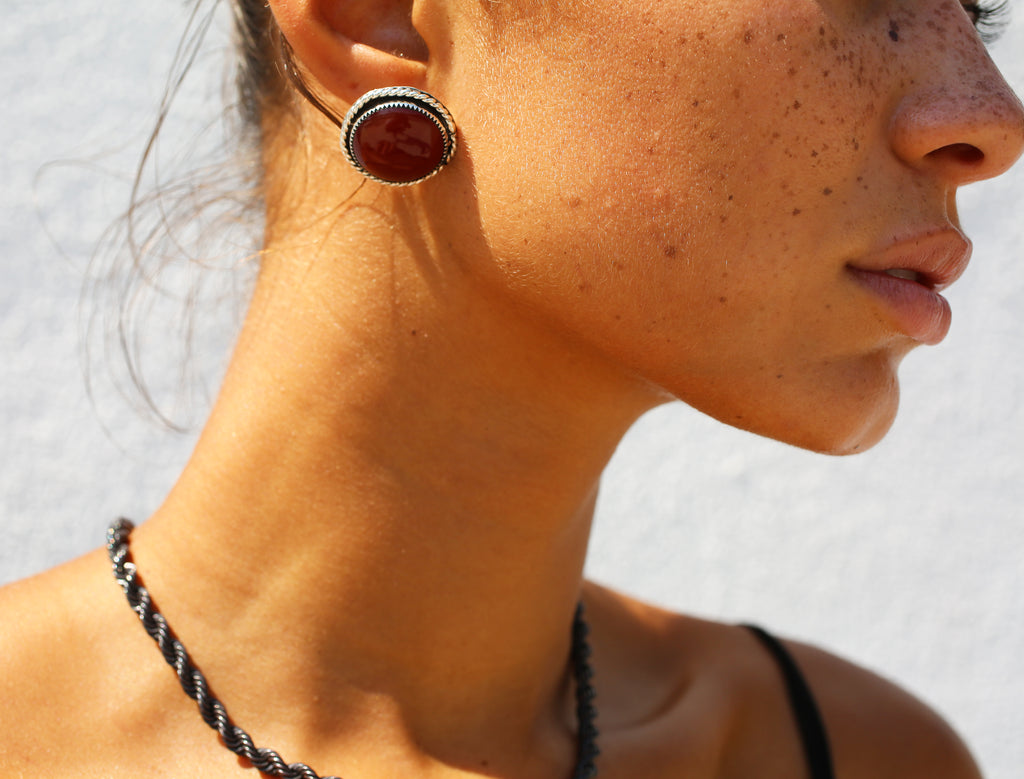 Sterling Silver Cable Carnelian Earring Studs