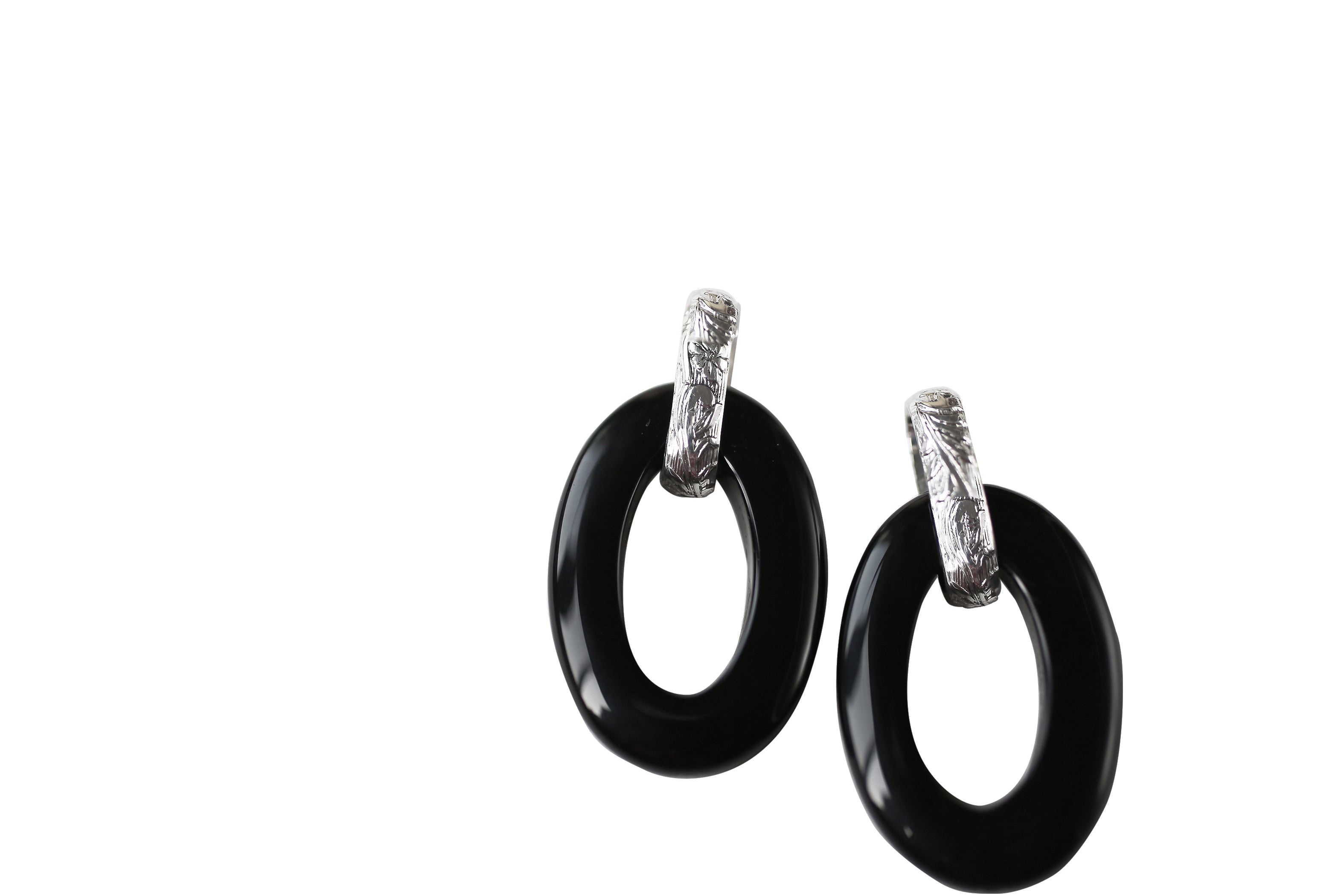STERLING SILVER VINTAGE ONYX HOOP EARRINGS