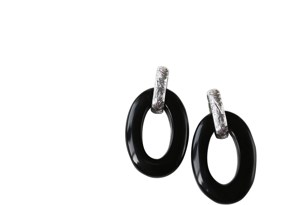 STERLING SILVER VINTAGE ONYX HOOP EARRINGS