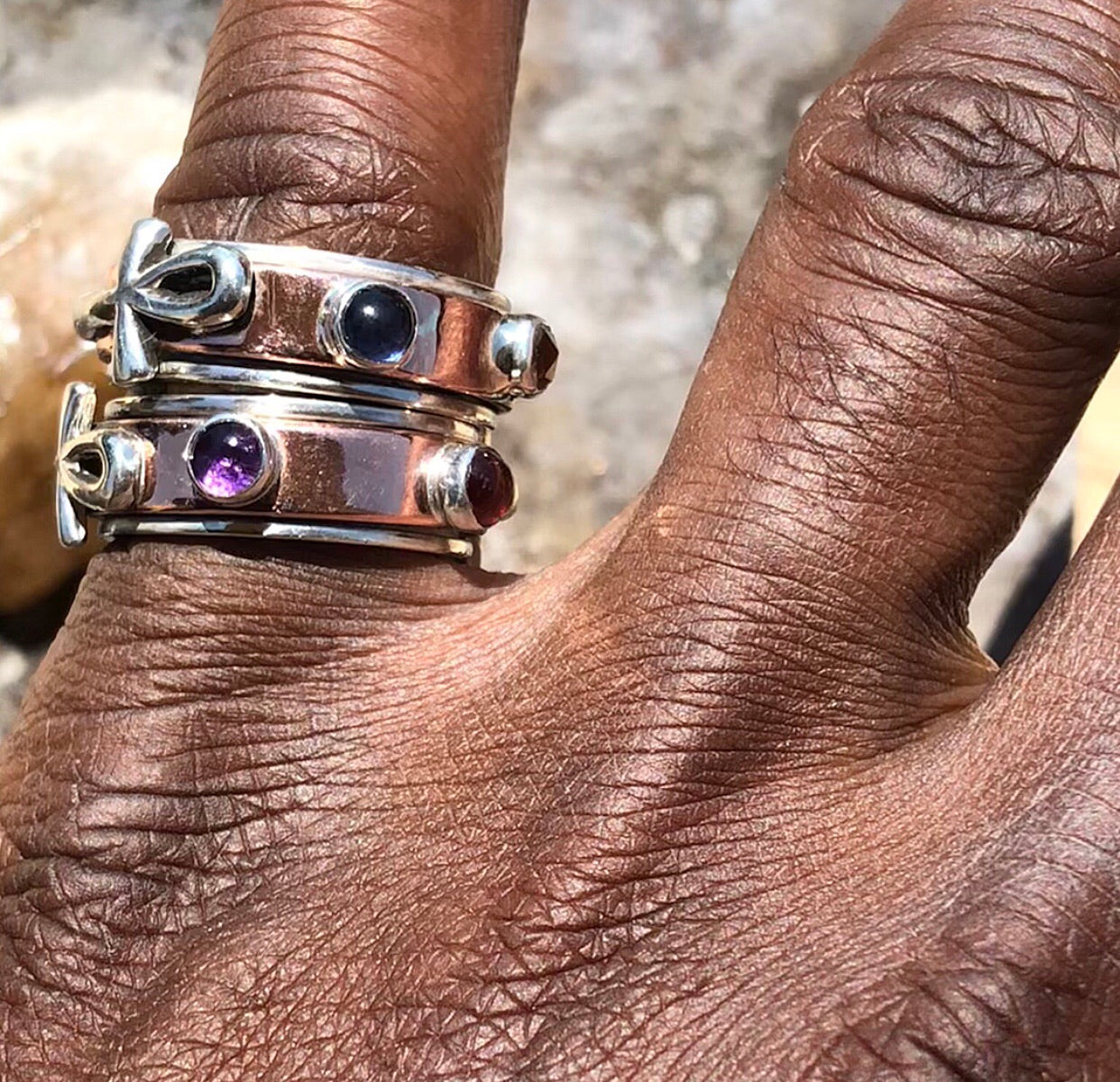 GOLD/ COPPER RUBY LAPIS ANKH RING