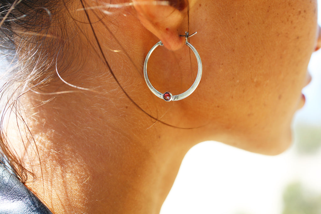 Sterling Silver Lucky Lefty Hoop Red Garnet Earrings